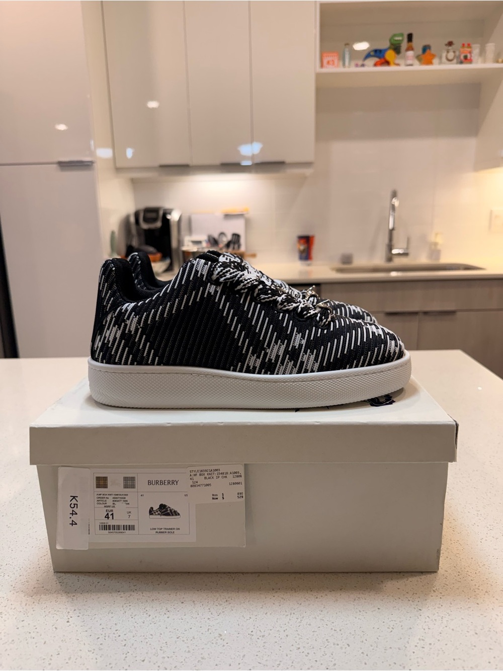 Burberry Black & White Check Low-Top Sneaker with Patterned Laces